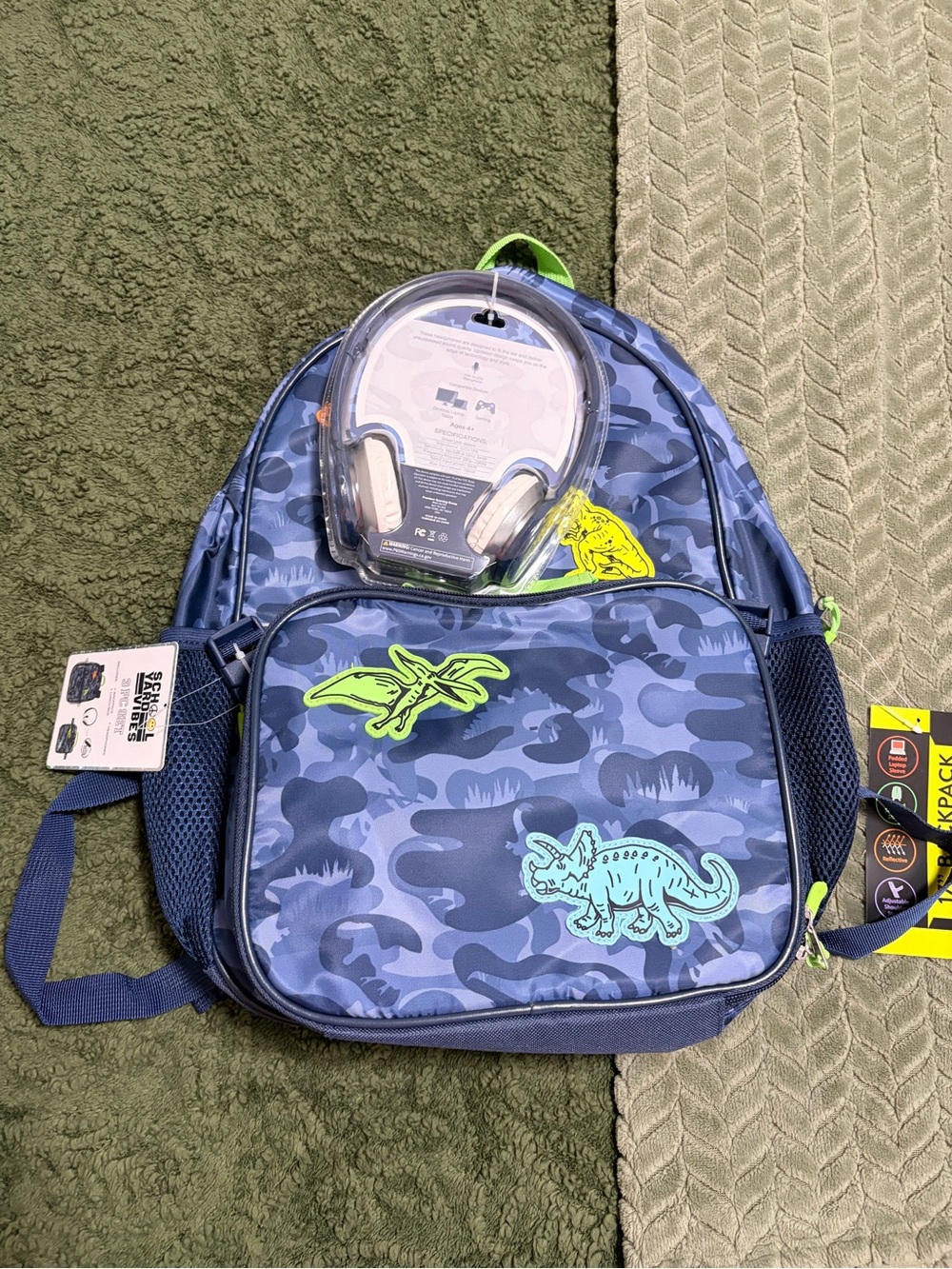 Kids Blue Camo Dinosaur Backpack with Neon Green Accents